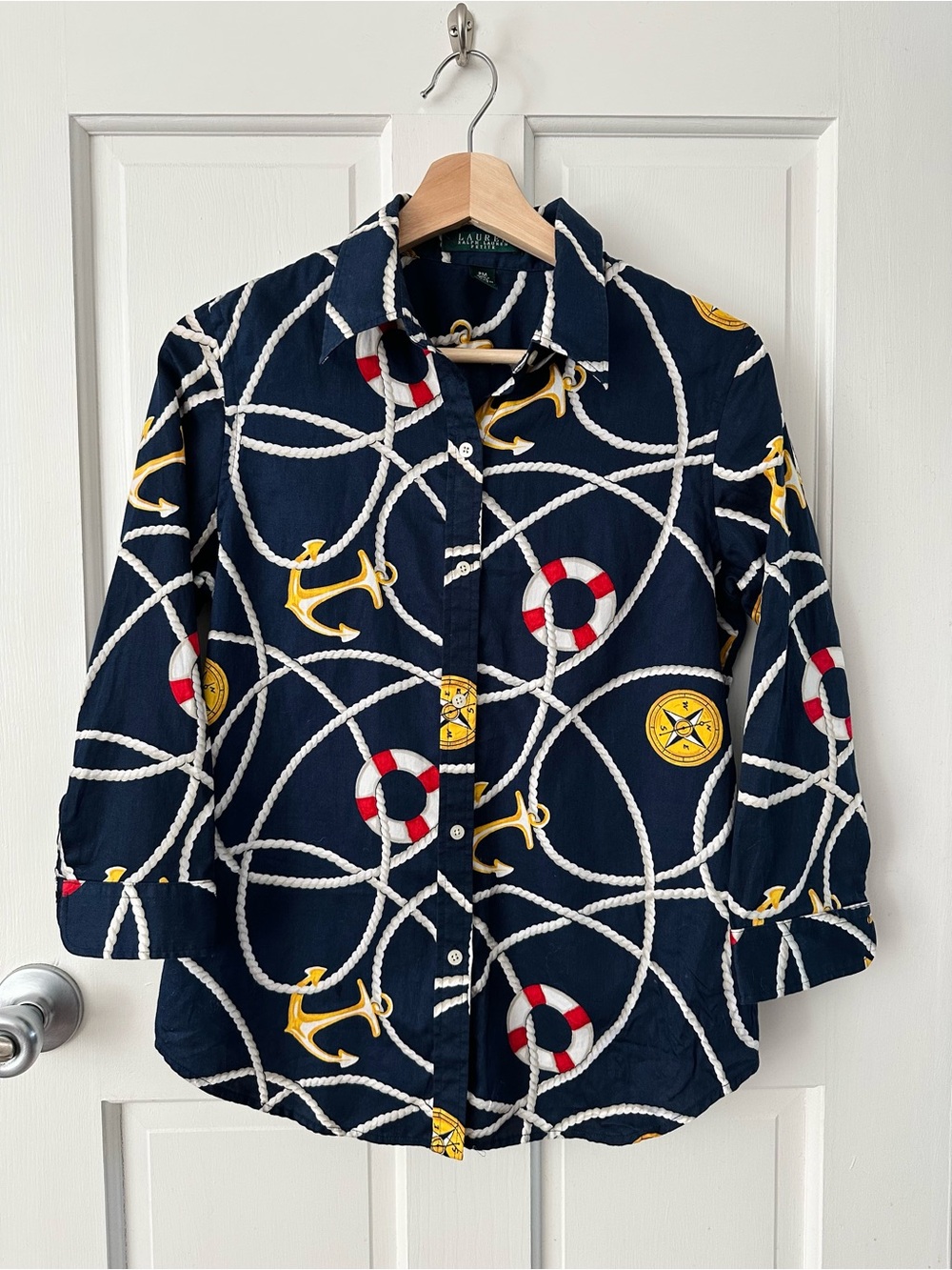 Lauren Ralph Lauren Nautical Button Down Shirt Anchors Coastal Navy Petite M